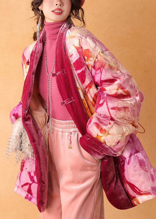Beautiful Pink Cinched Print Duck Down Silk Velour Coat Winter