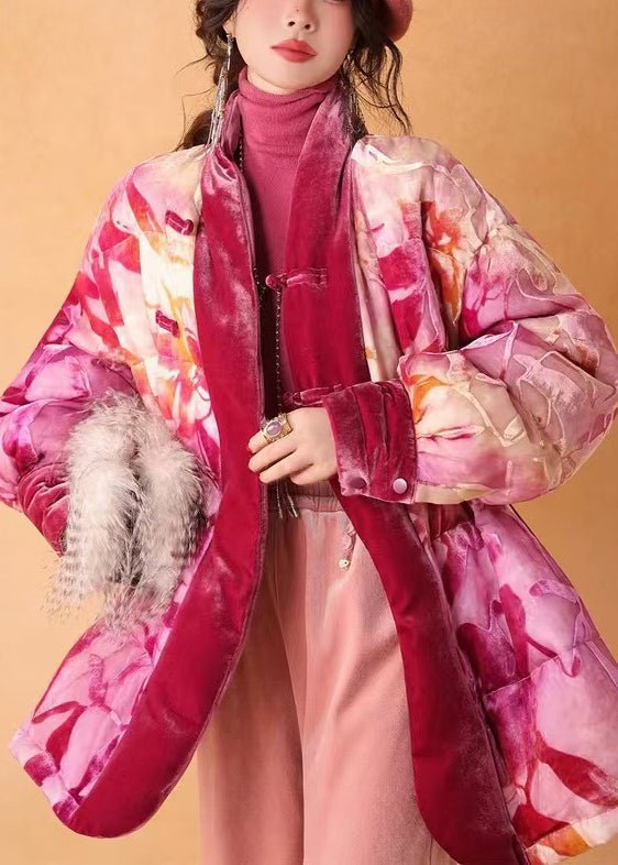 Beautiful Pink Cinched Print Duck Down Silk Velour Coat Winter
