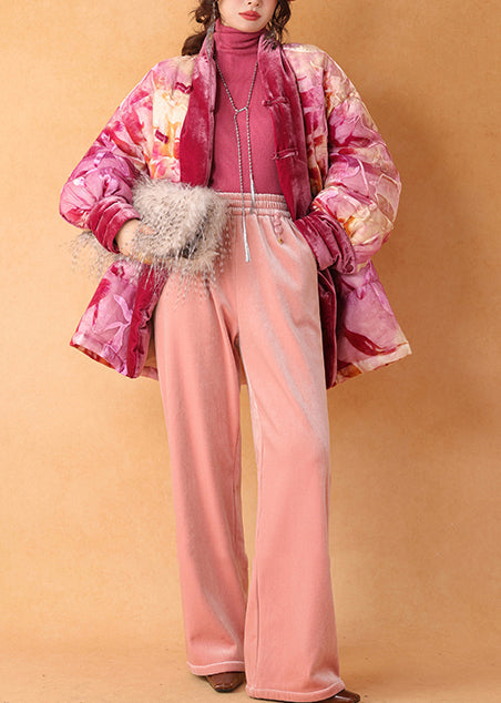 Beautiful Pink Cinched Print Duck Down Silk Velour Coat Winter