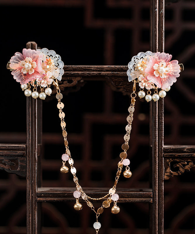 Beautiful Pink Copper Alloy Pearl Resin Chain Peony Girls Hairpin