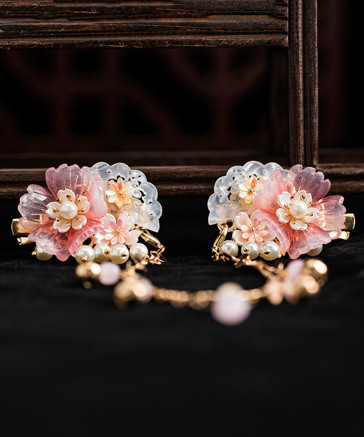 Beautiful Pink Copper Alloy Pearl Resin Chain Peony Girls Hairpin