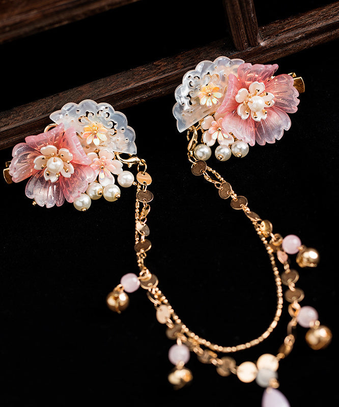 Beautiful Pink Copper Alloy Pearl Resin Chain Peony Girls Hairpin
