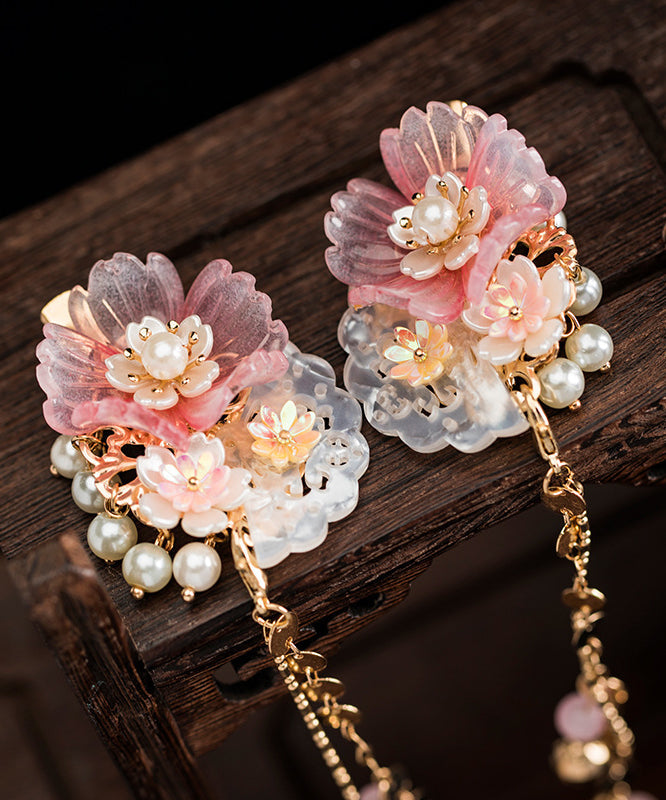 Beautiful Pink Copper Alloy Pearl Resin Chain Peony Girls Hairpin