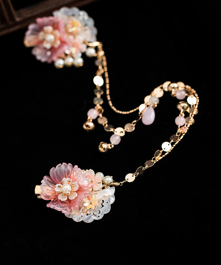 Beautiful Pink Copper Alloy Pearl Resin Chain Peony Girls Hairpin