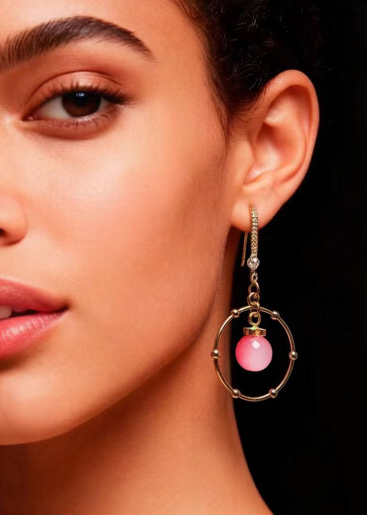 Beautiful Pink Crystal Circular Gilding Drop Earring