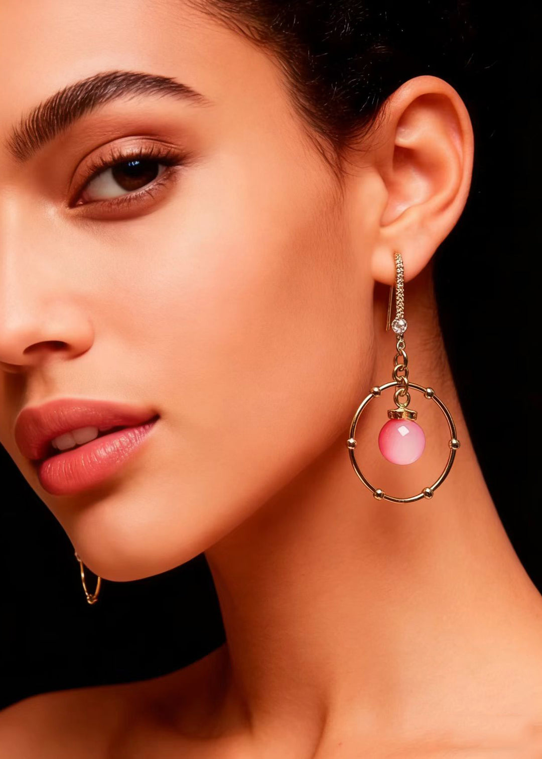 Beautiful Pink Crystal Circular Gilding Drop Earring