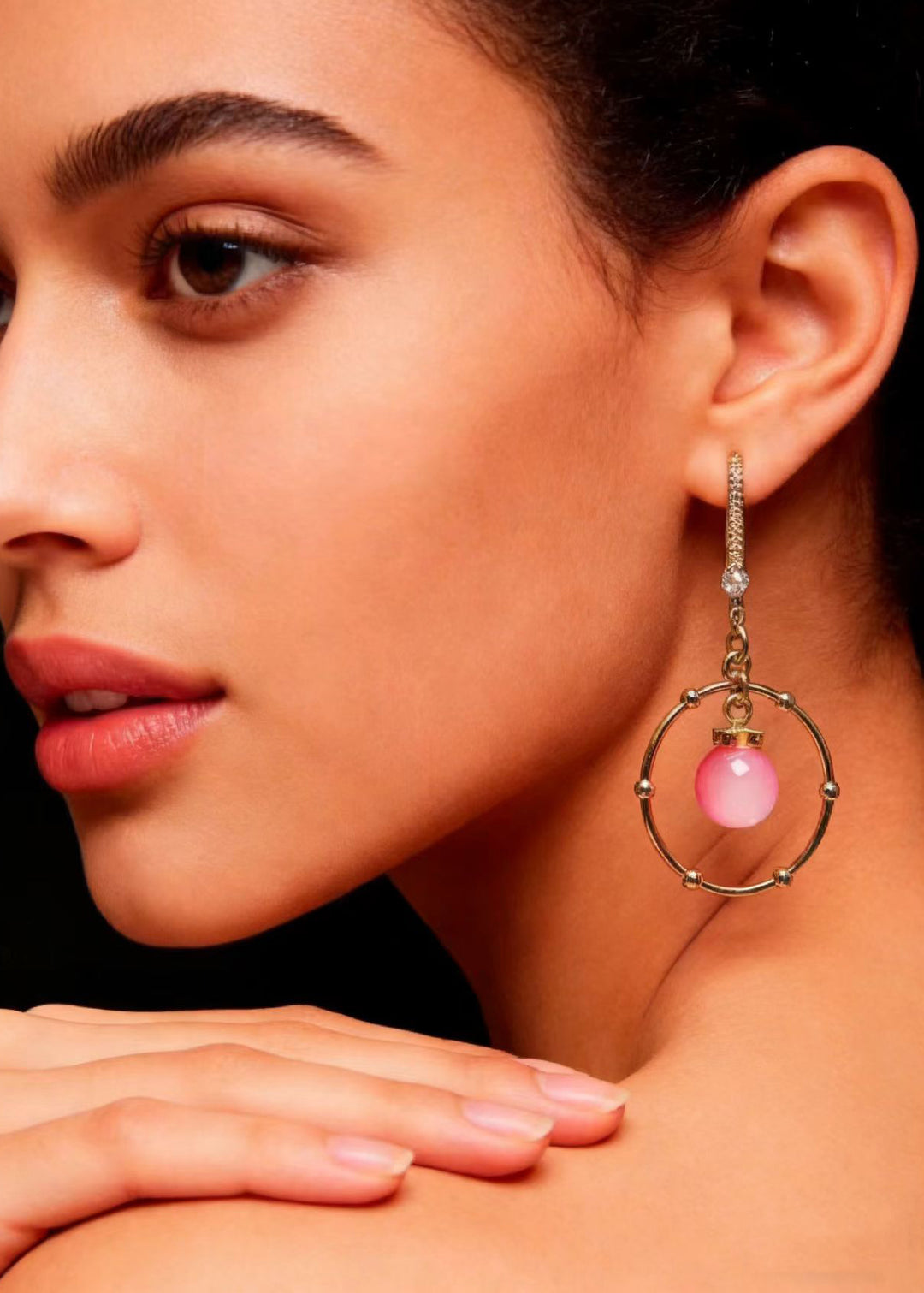 Beautiful Pink Crystal Circular Gilding Drop Earring