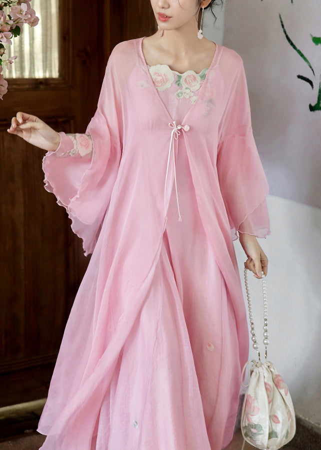 Beautiful Pink Embroidered Cardigan And Spaghetti Strap Dress Silk Two Pieces Set Flare Sleeve