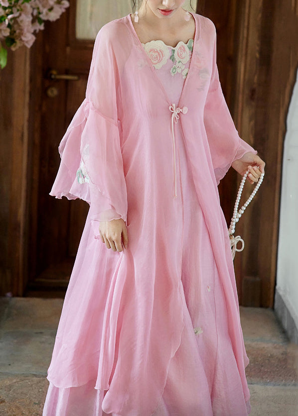 Beautiful Pink Embroidered Cardigan And Spaghetti Strap Dress Silk Two Pieces Set Flare Sleeve