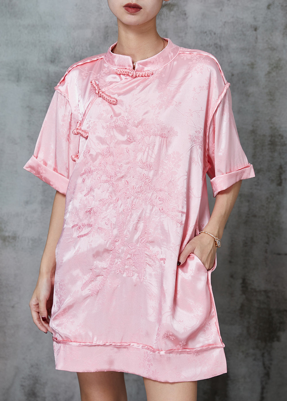 Beautiful Pink Embroidered Chinese Button Silk Mini Dress Spring