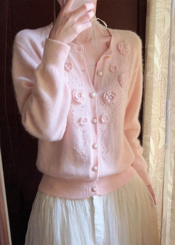 Beautiful Pink Floral Decorated Nail Bead Knit Cardigan Winter