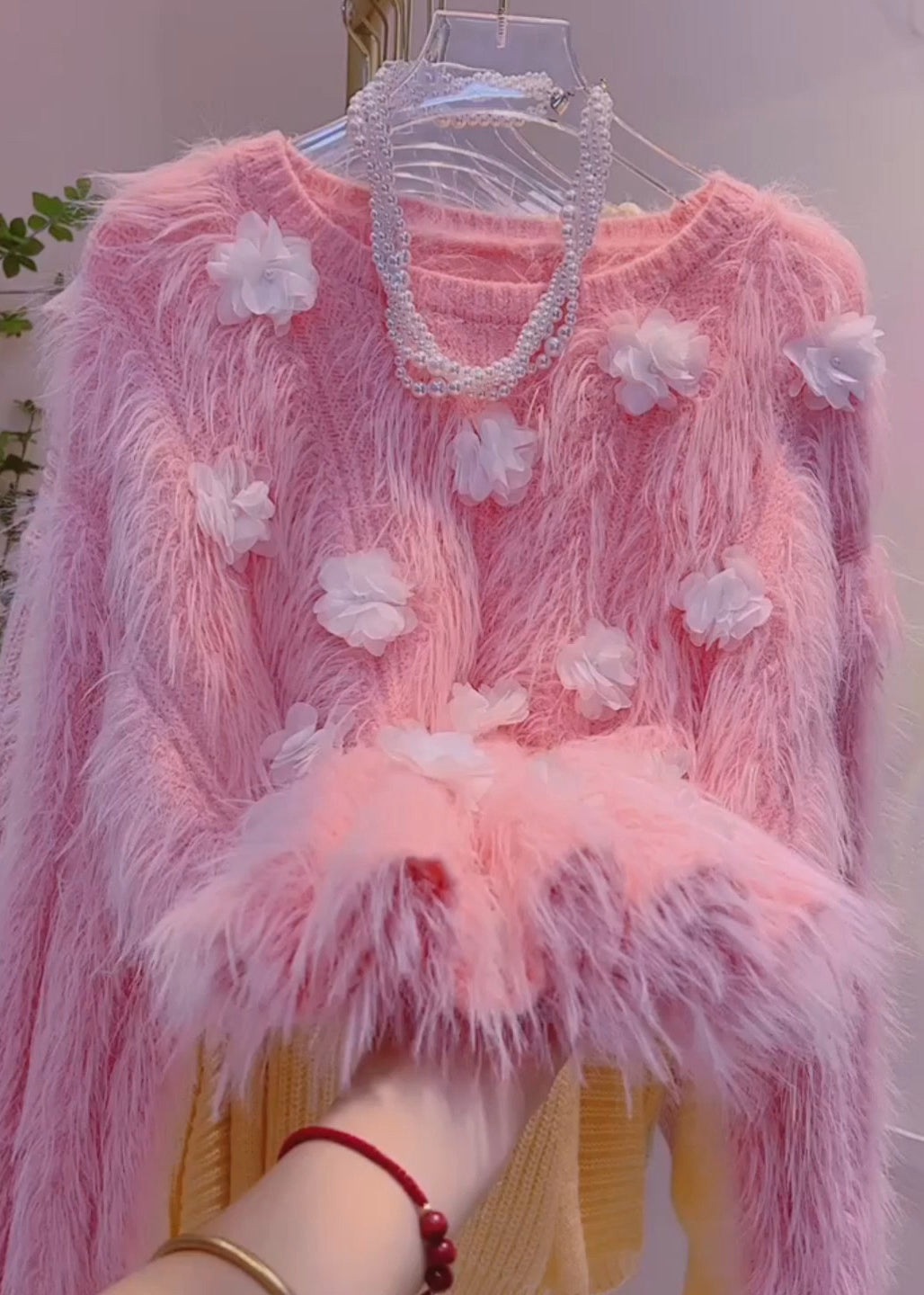 Beautiful Pink Floral Mink Velvet Knit Sweater Tops Winter