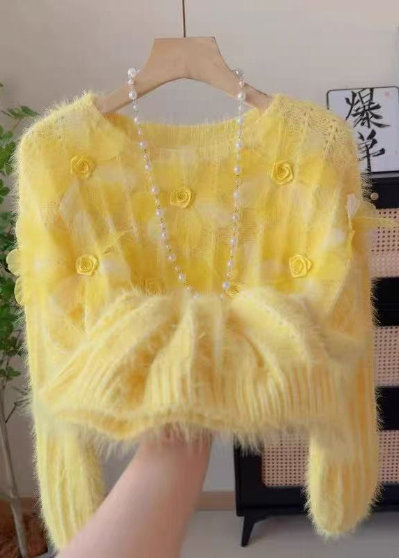 Beautiful Pink Floral Mink Velvet Knit Sweater Tops Winter