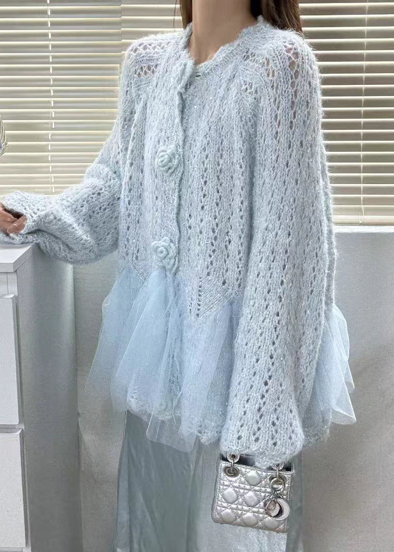 Beautiful Pink Flower Patchwork Tulle Knit Cardigans Winter