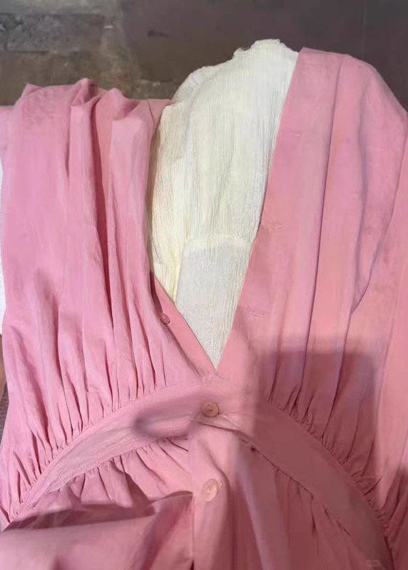 Beautiful Pink O Neck Button Wrinkled Cotton Set Fall