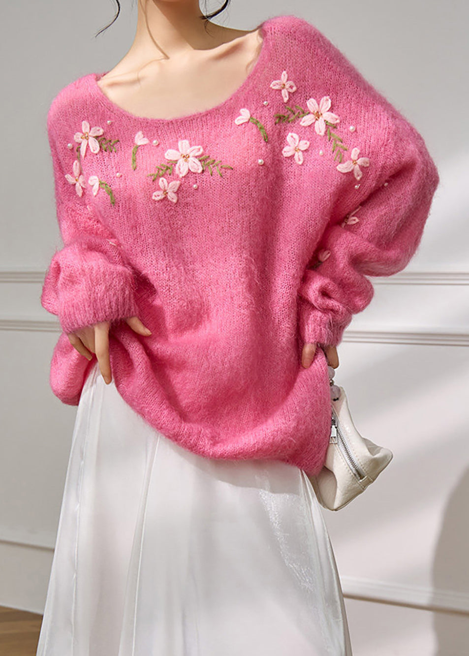 Beautiful Pink O-Neck Stereoscopic Floral Oversized Knitted Cotton Thread Sweater Fall