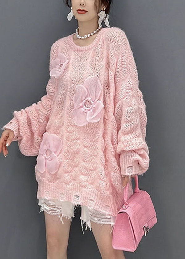 Beautiful Pink Oversized Hollow Out Applique Knit Sweater Tops