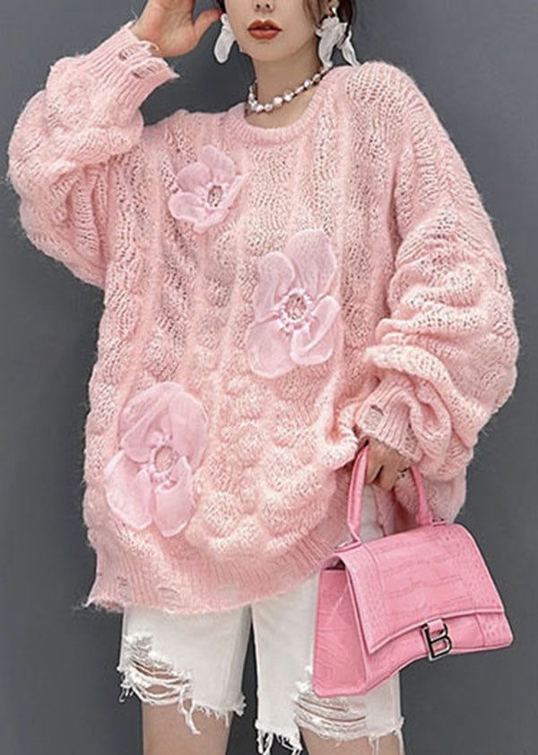Beautiful Pink Oversized Hollow Out Applique Knit Sweater Tops
