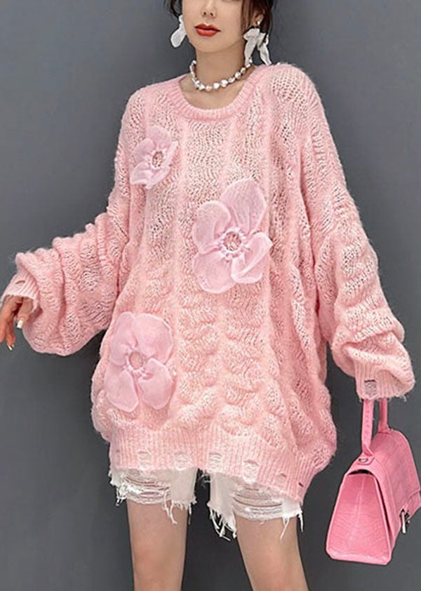 Beautiful Pink Oversized Hollow Out Applique Knit Sweater Tops