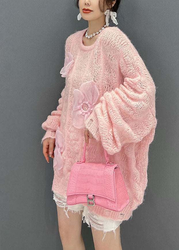 Beautiful Pink Oversized Hollow Out Applique Knit Sweater Tops