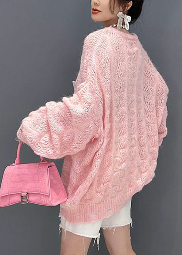 Beautiful Pink Oversized Hollow Out Applique Knit Sweater Tops