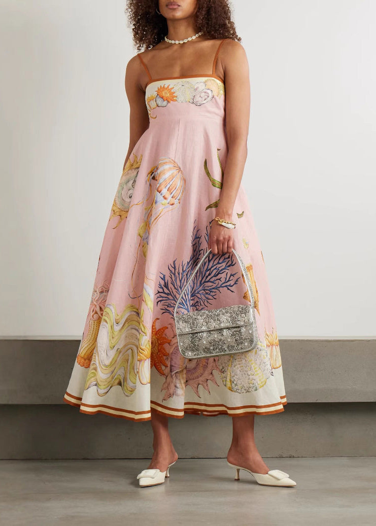 Beautiful Pink Print Maxi Spaghetti Strap Dresses Sleeveless