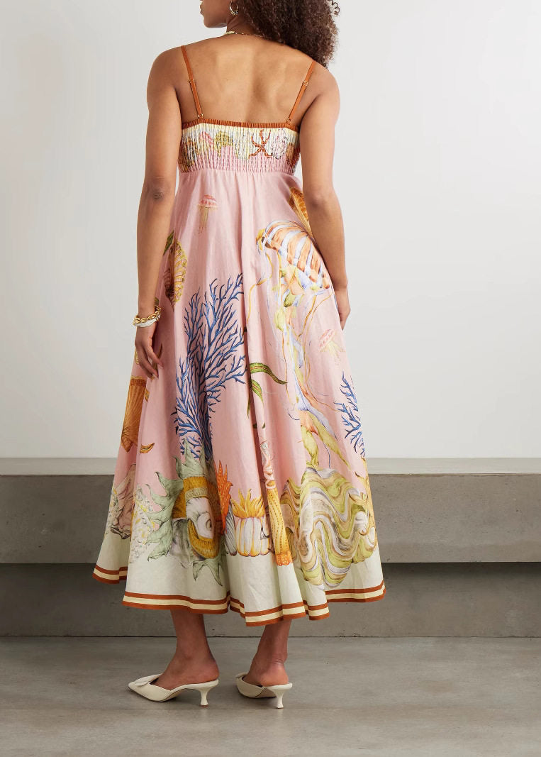 Beautiful Pink Print Maxi Spaghetti Strap Dresses Sleeveless