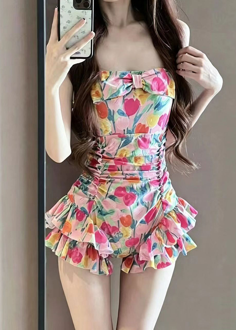 Beautiful Pink Print Ruffled Swimwear Bodysuits