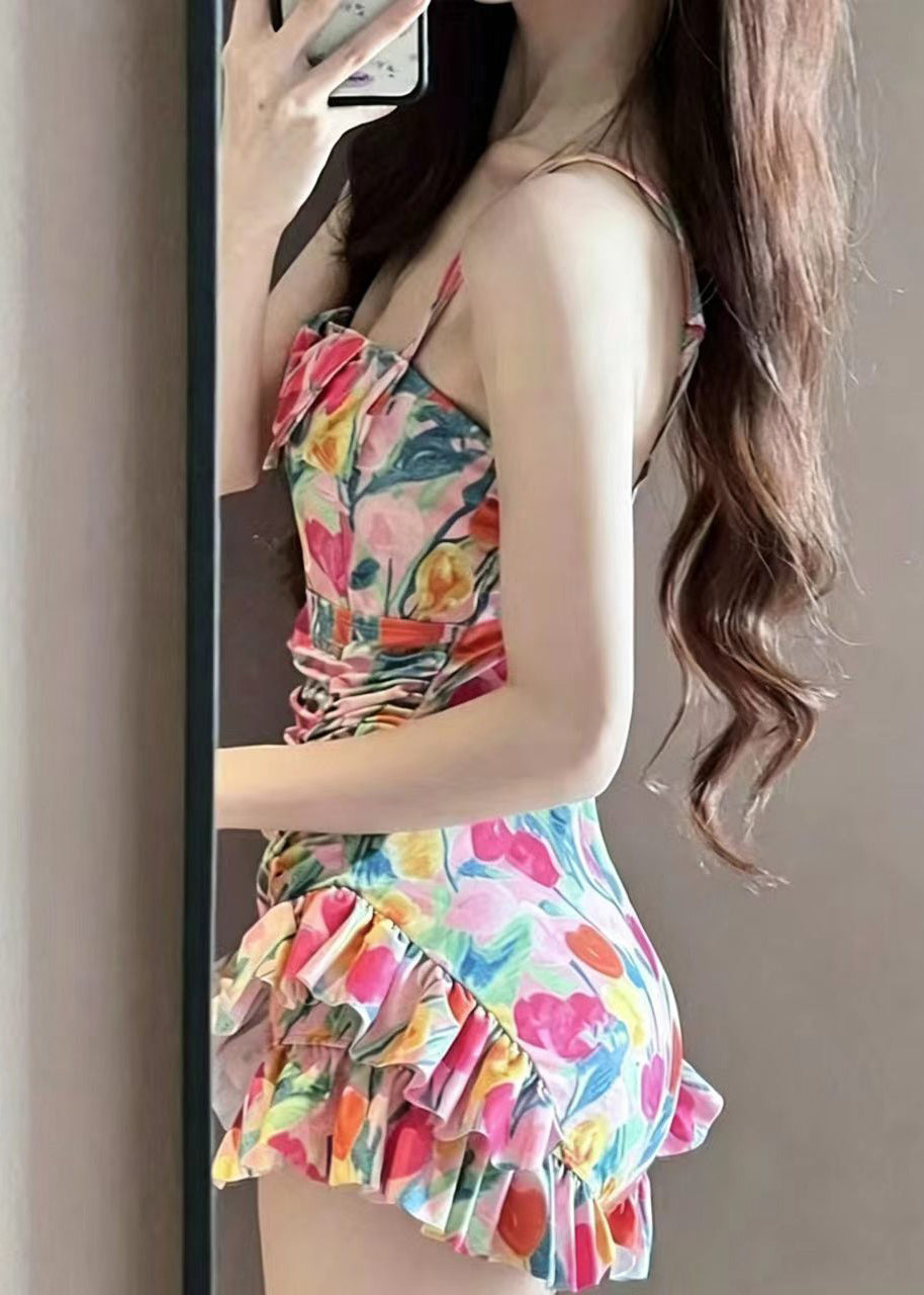Beautiful Pink Print Ruffled Swimwear Bodysuits