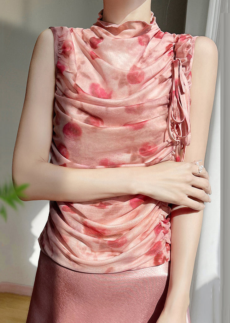 Beautiful Pink Print Wrinkled Lace Up Tulle Tops Sleeveless