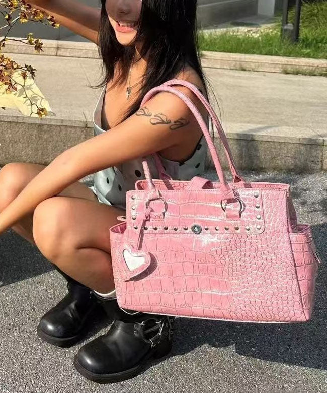 Beautiful Pink Rivet Solid Durable Faux Leather Shoulder Bags