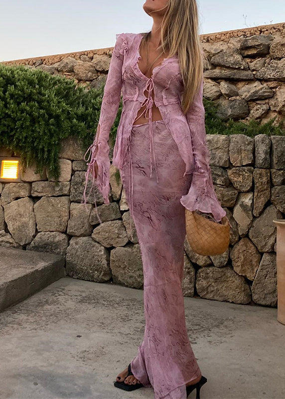 Beautiful Pink Ruffled Lace Up Chiffon Two Pieces Set Flare Sleeve