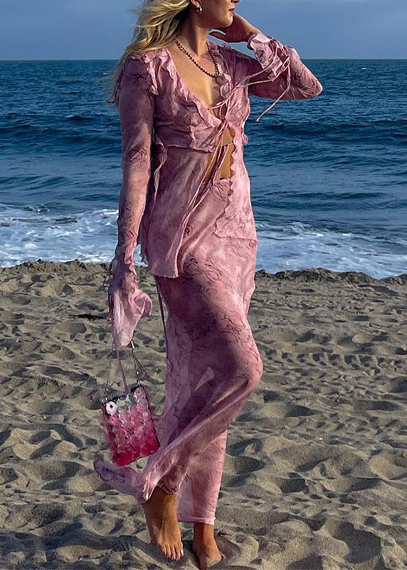 Beautiful Pink Ruffled Lace Up Chiffon Two Pieces Set Flare Sleeve