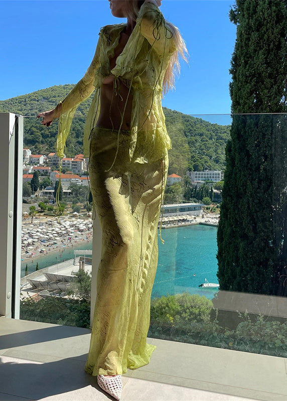 Beautiful Pink Ruffled Lace Up Chiffon Two Pieces Set Flare Sleeve