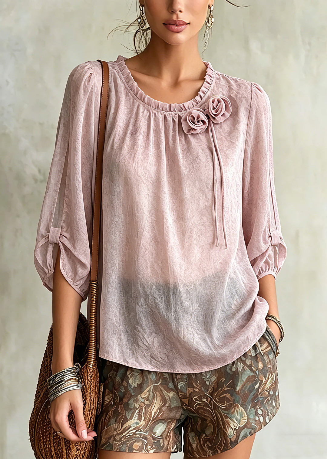 Beautiful Pink Ruffled Patchwork Chiffon Tops Summer