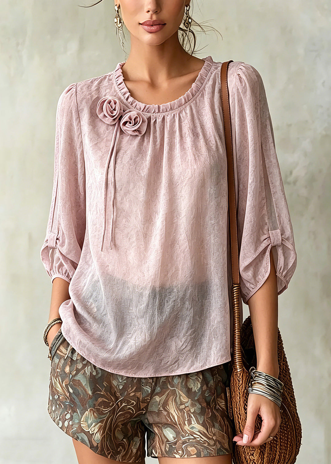 Beautiful Pink Ruffled Patchwork Chiffon Tops Summer