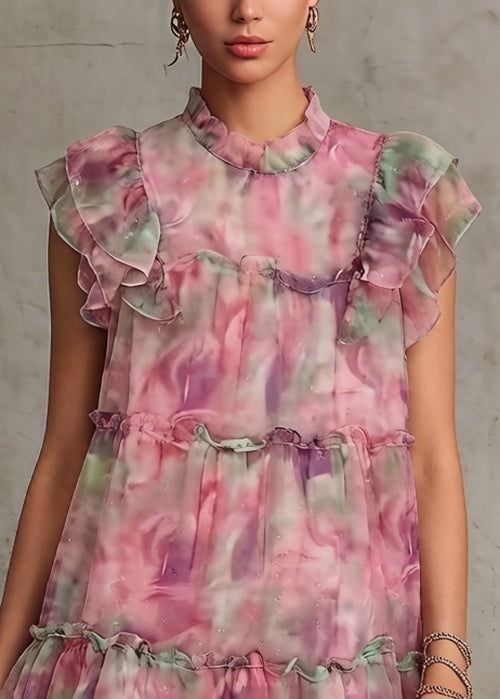 Beautiful Pink Ruffled Print Chiffon Mid Dress Summer