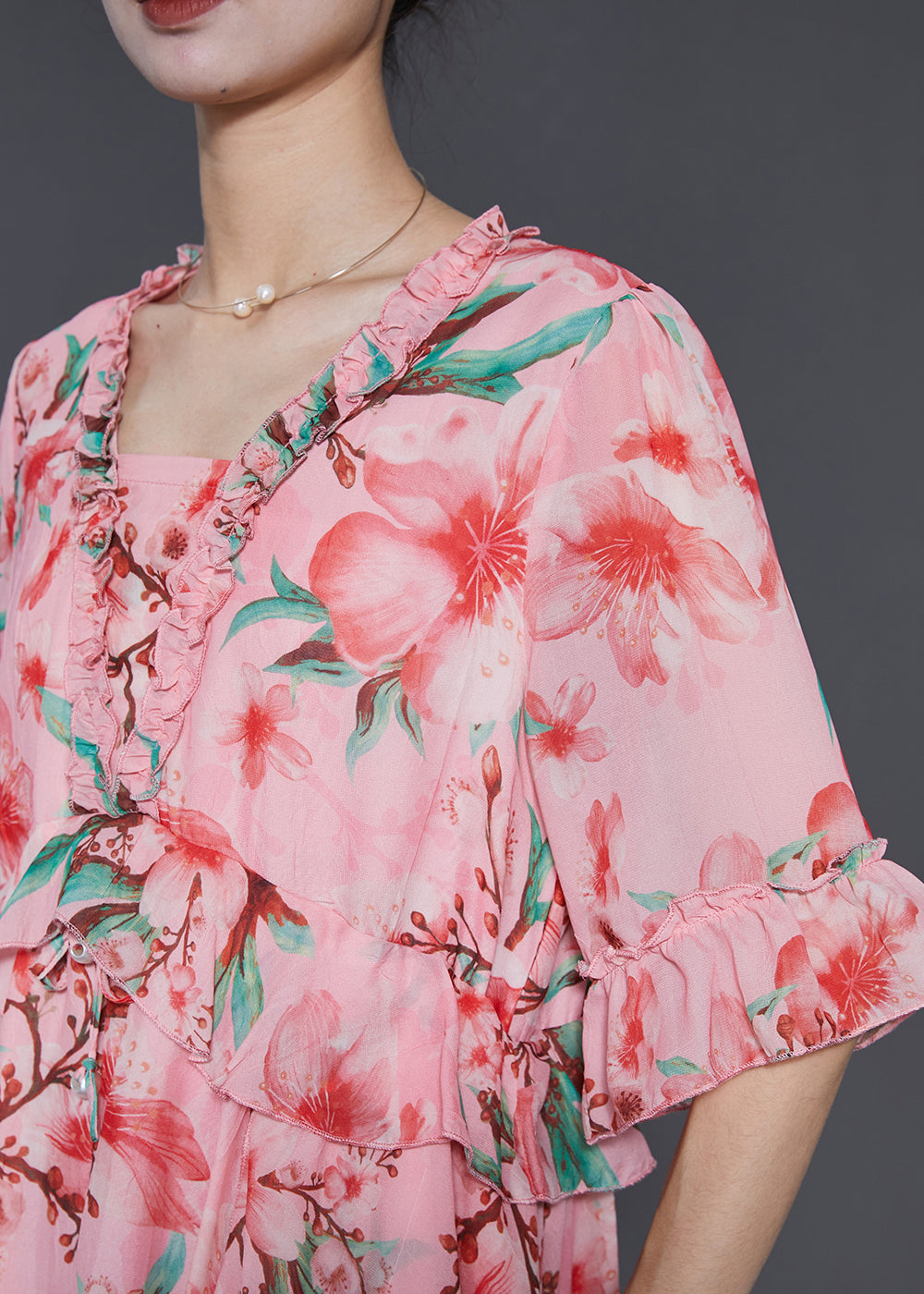 Beautiful Pink Ruffled Print Exra Large Hem Chiffon Dresses Summer