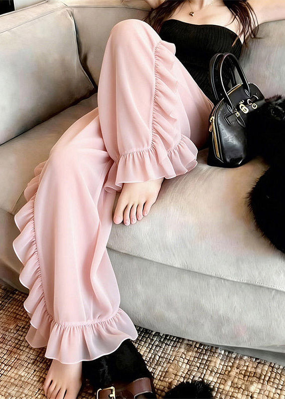 Beautiful Pink Ruffled Tulle Straight Pants Summer
