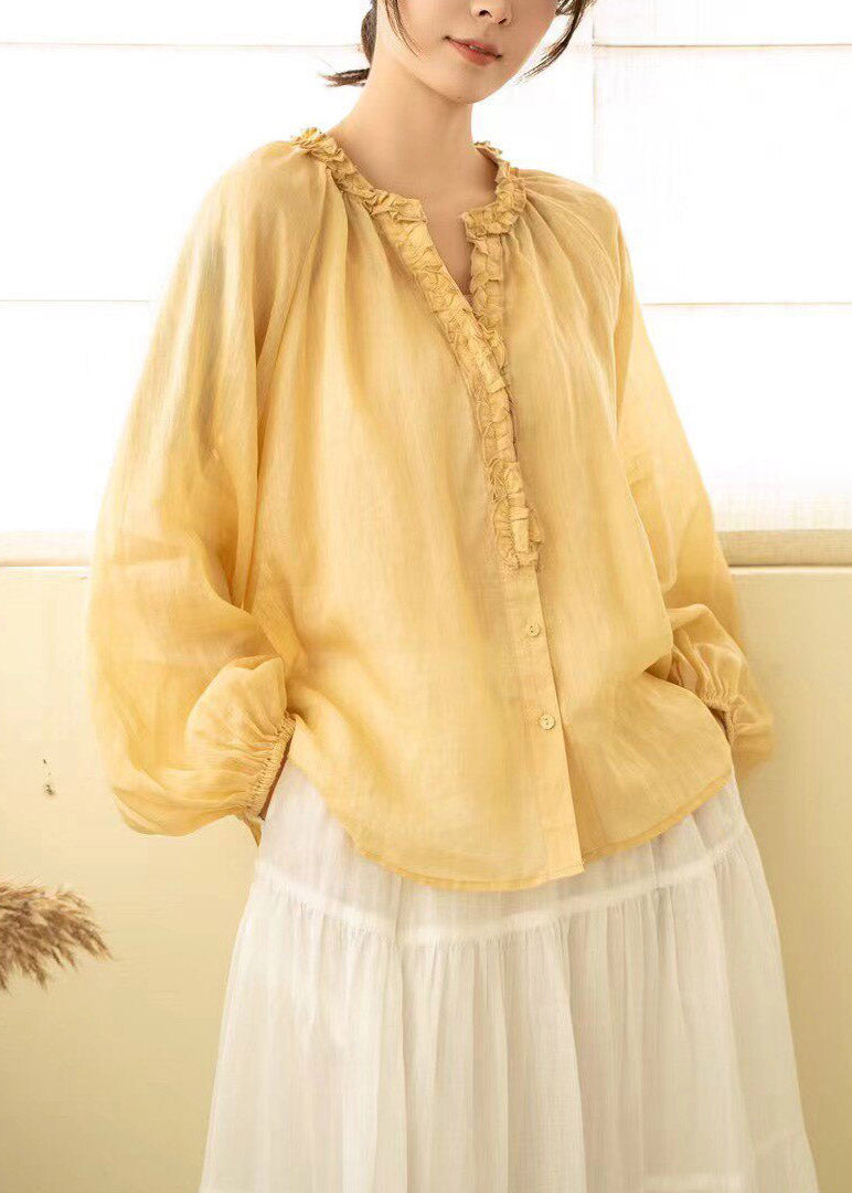 Beautiful Pink Ruffled Wrinkled Linen Shirt Lantern Sleeve