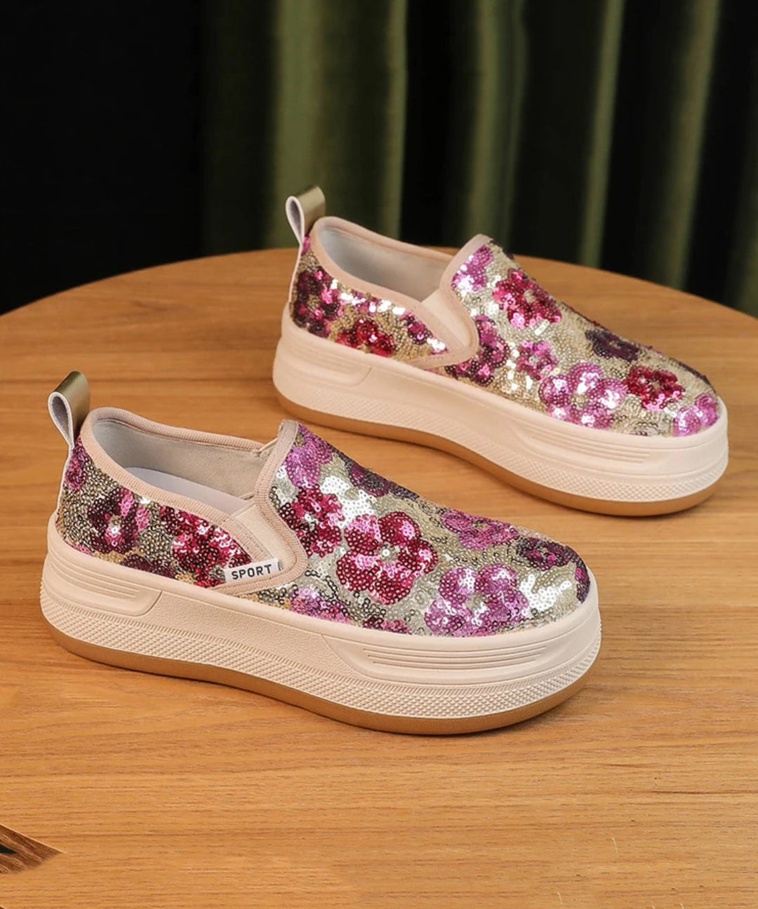 Beautiful Pink Sequins Print Tulle Loafer Shoes