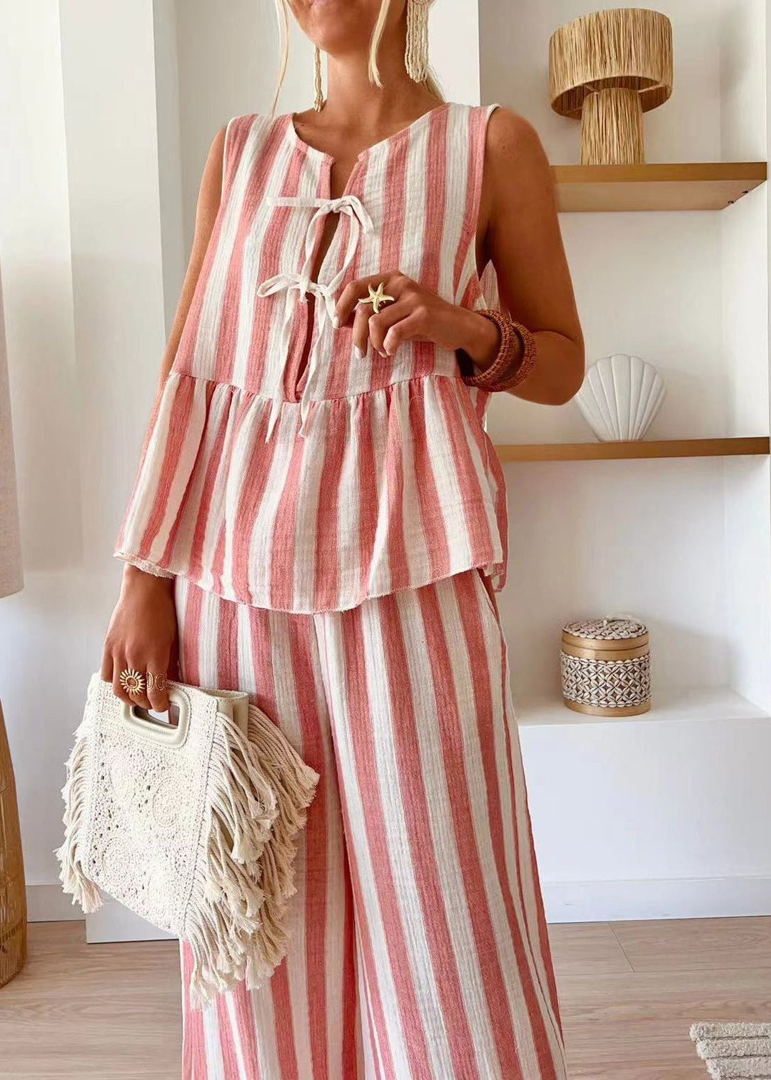 Beautiful Pink Striped O-Neck Top And Wide Leg Pants Two Piece Set Summer