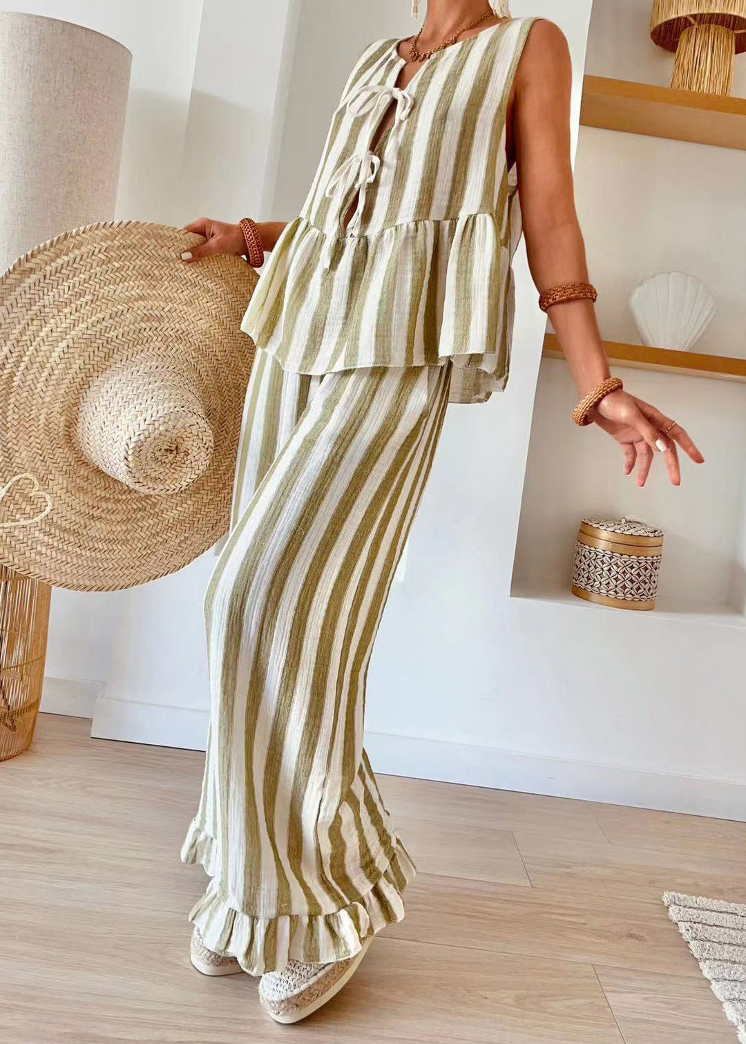 Beautiful Pink Striped O-Neck Top And Wide Leg Pants Two Piece Set Summer
