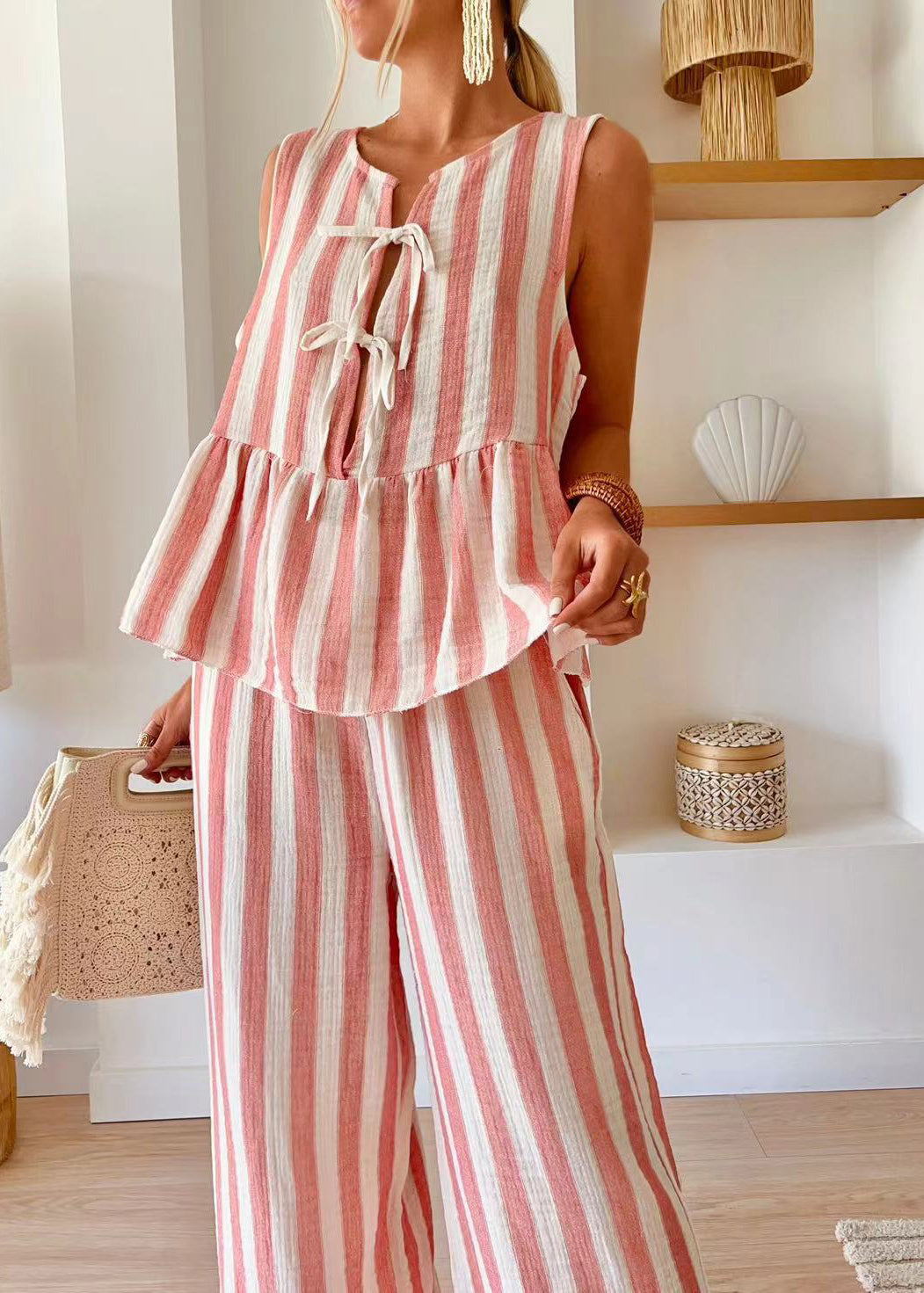 Beautiful Pink Striped O-Neck Top And Wide Leg Pants Two Piece Set Summer
