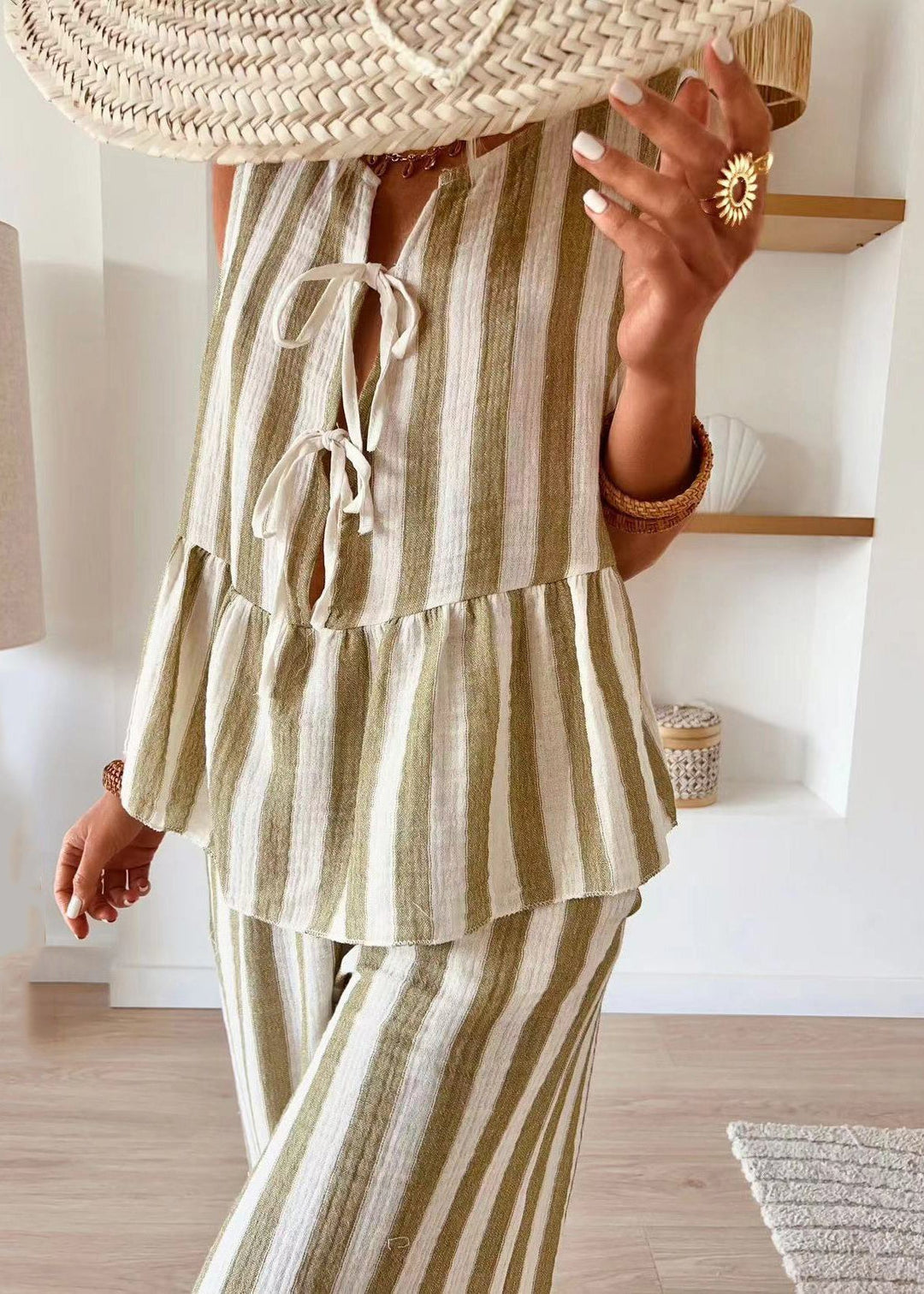Beautiful Pink Striped O-Neck Top And Wide Leg Pants Two Piece Set Summer