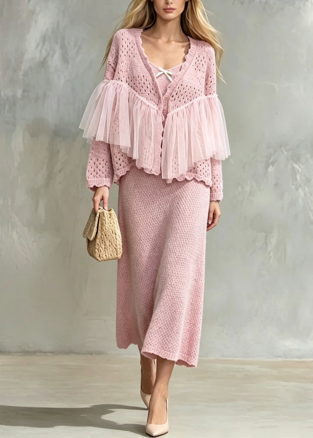 Beautiful Pink Tulle Patchwork Knit Women Sets 2 Pieces Fall