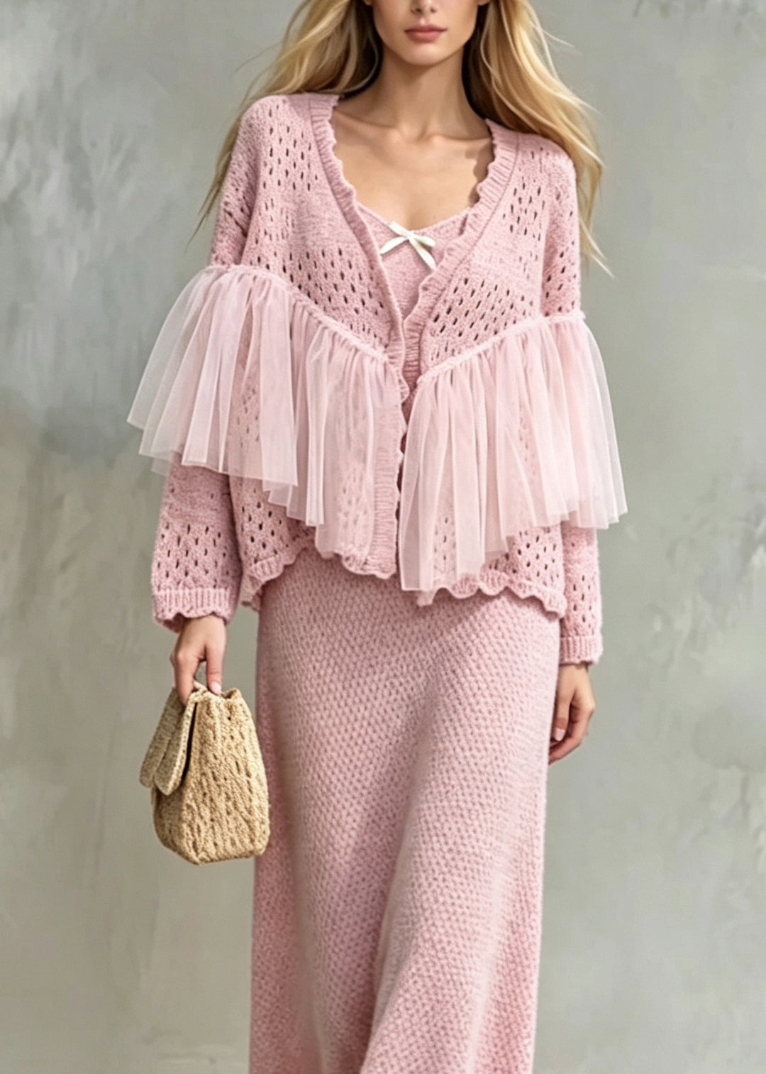 Beautiful Pink Tulle Patchwork Knit Women Sets 2 Pieces Fall