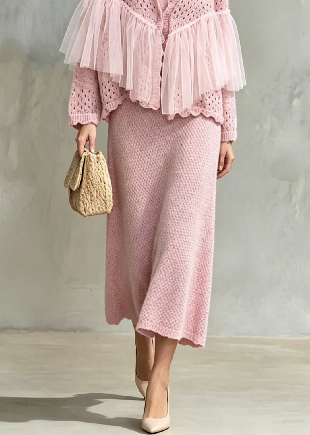 Beautiful Pink Tulle Patchwork Knit Women Sets 2 Pieces Fall