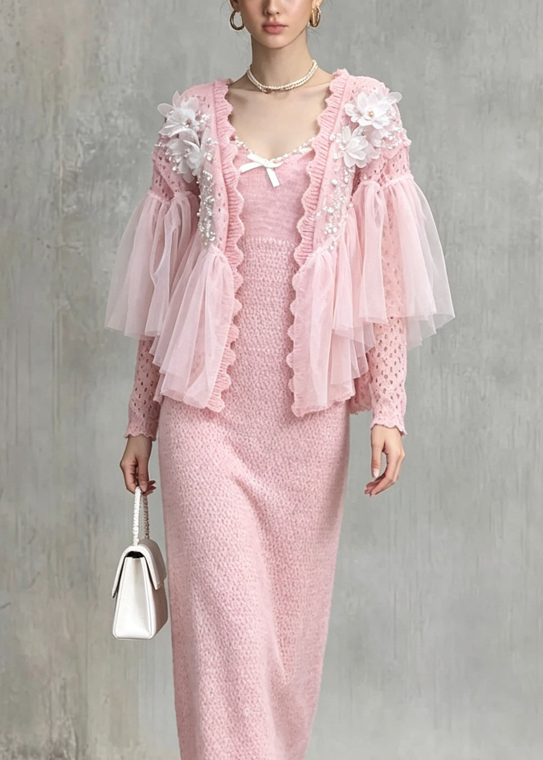 Beautiful Pink Tulle Ruffled Patchwork Nail Bead Knit Two Piece Set Fall