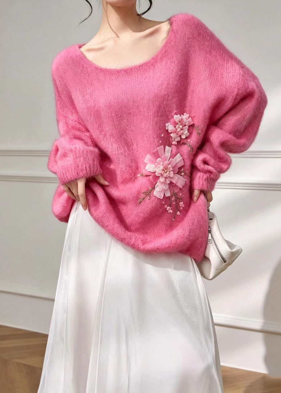 Beautiful Pink U Neck Nail Bead Floral Oversized Knitted Tops Fall